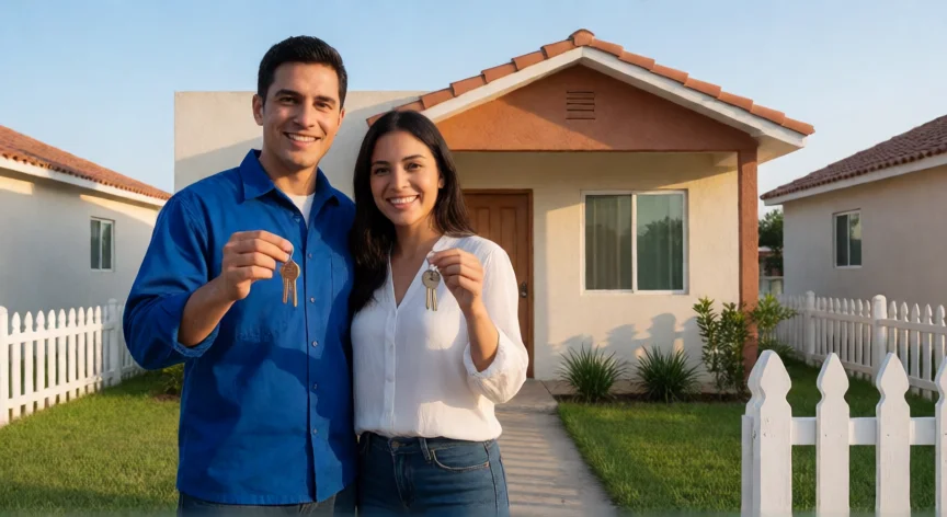 como aumentar mis puntos infonavit, Pareja mexicana feliz frente a su nueva casa con llaves en mano