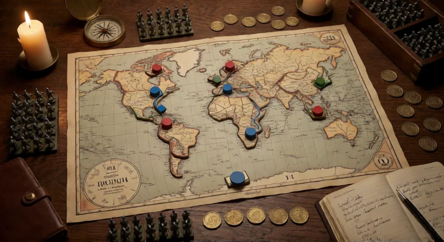 como aumentar mis recursos en supremacy 1914, Mesa de juego de estrategia con mapa del mundo 1914 y fichadas militares