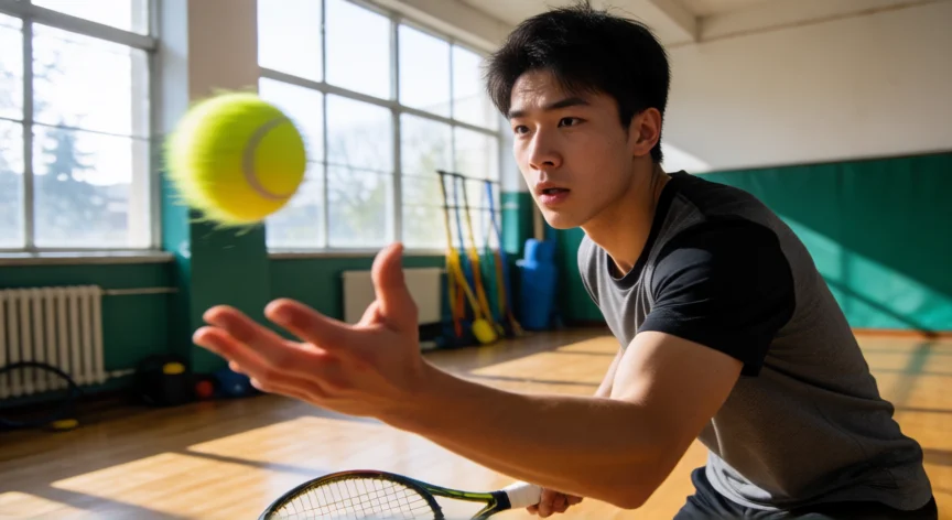 como aumentar mis reflejos, Atleta atrapando una pelota de tenis en un gimnasio con enfoque intenso
