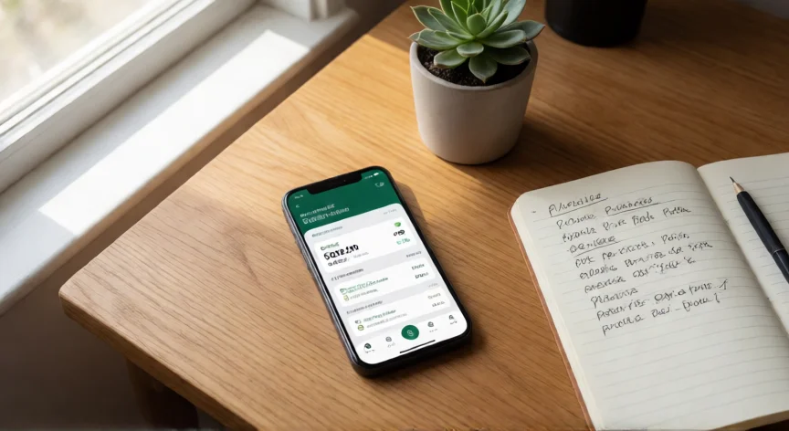 como aumentar mis rendimientos en mercado pago, Vista cenital de un móvil con app de inversiones y apuntes de planificación financiera
