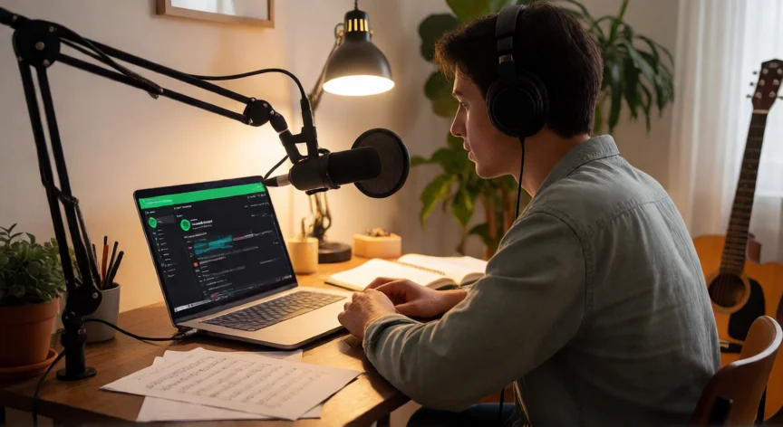 como aumentar mis reproducciones en spotify, Artista en su estudio casero trabajando en su perfil de Spotify for Artists
