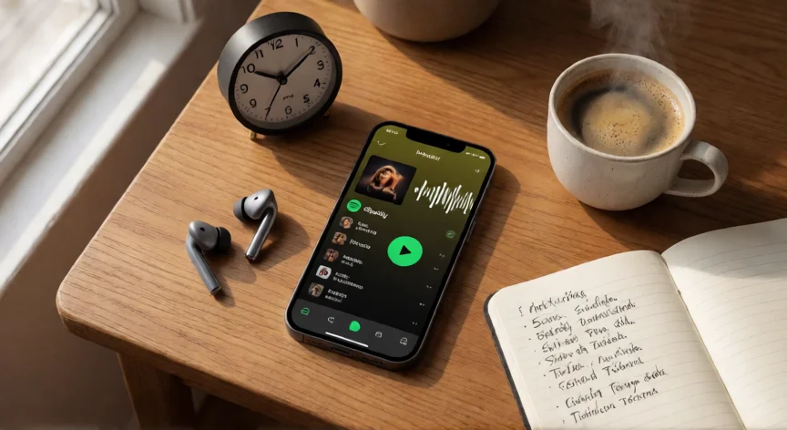 como aumentar mis reproducciones en spotify, Móvil con playlist de Spotify sobre mesa de trabajo al atardecer