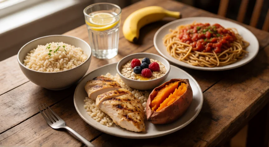 Distribución de alimentos ricos en carbohidratos para recarga de glucógeno