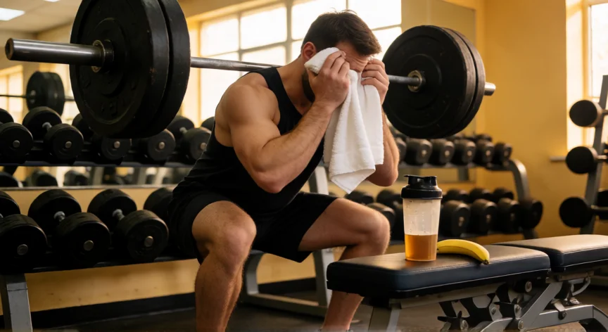 como aumentar mis reservas de glucogeno, Atleta en el gimnasio durante la fase de recuperación post-entreno