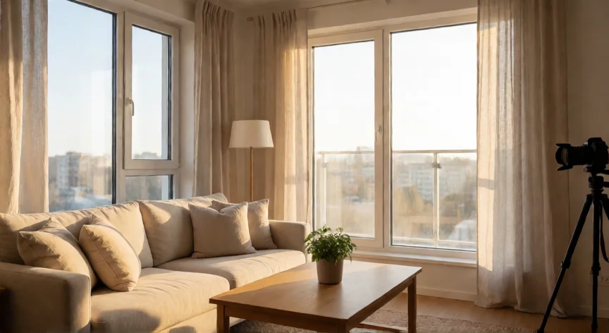 como aumentar mis reservas en airbnb, Interior luminoso de un apartamento tipo Airbnb preparado para fotos profesionales