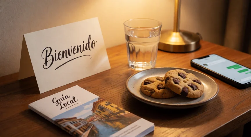 como aumentar mis reservas en airbnb, Mesa de bienvenida en un alojamiento Airbnb con guía local y detalle para el huésped