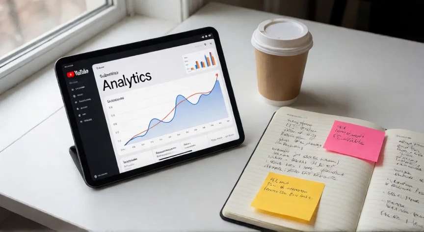 como aumentar mis seguidores en youtube, Mesa de trabajo con analíticas de YouTube y notas de planificación de contenido