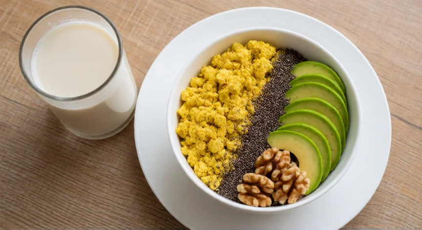 como aumentar mis senos de forma natural, Desayuno con fitoestrógenos y grasas saludables: tofu, nueces, aguacate y leche de soja