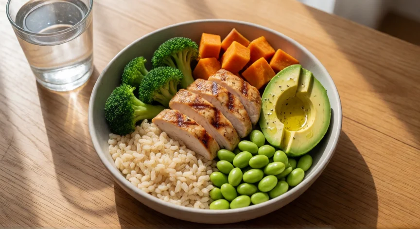 como aumentar mis senos sin cirugia, Comida equilibrada con proteína y grasas saludables para mantener peso corporal estable