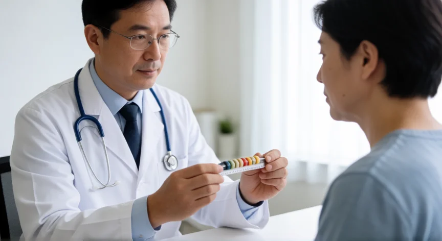 como aumentar mis testiculos, Médico urólogo midiendo el volumen testicular con un orquímetro de Prader en consulta