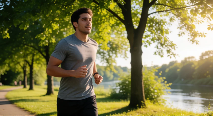 como aumentar mis testiculos, Hombre corriendo en un parque por la mañana, estilo de vida activo para la salud hormonal