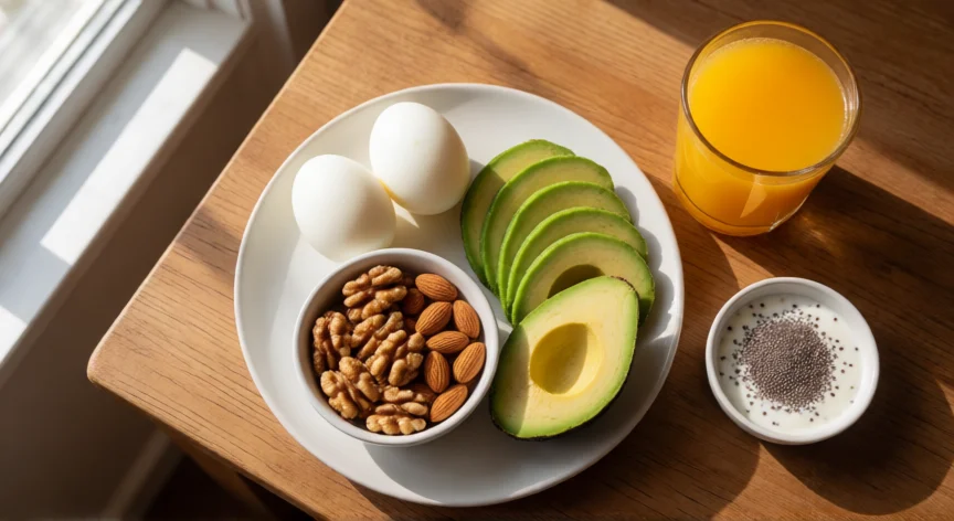 como aumentar mis testosteronas, Desayuno saludable con huevos, frutos secos y aguacate sobre mesa de madera con luz natural