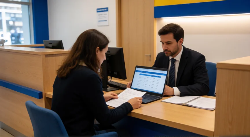 como aumentar mis transferencias en bbva, Cliente en oficina de banco revisando límites de transferencia con un asesor