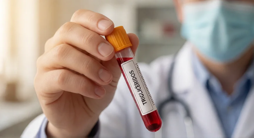 como aumentar mis trigliceridos, Tubo de ensayo de análisis lipídico en un laboratorio médico