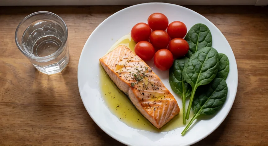 como aumentar mis trigliceridos, Plato mediterráneo con salmón y vegetales para controlar triglicéridos