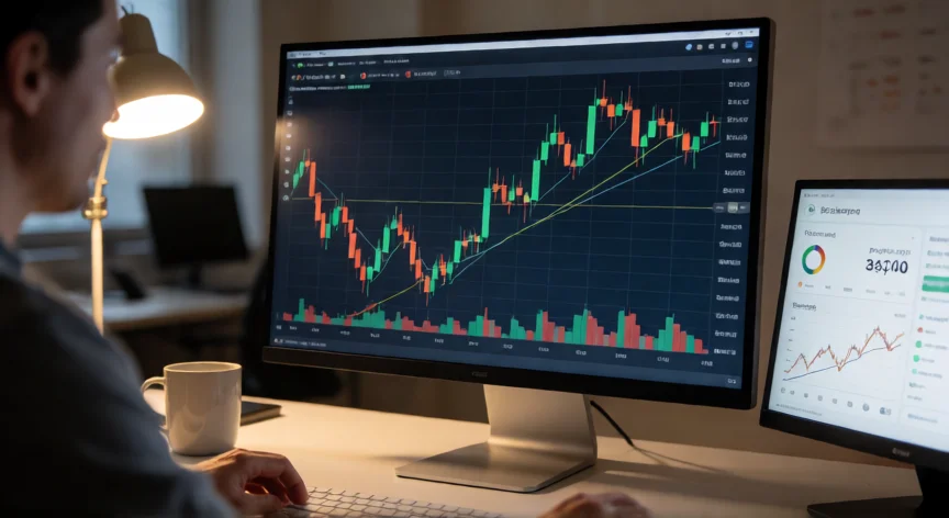 como aumentar mis usdt en binance, Persona analizando gráficos de trading en Binance desde su escritorio