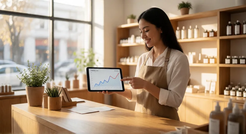 como aumentar mis ventas, Emprendedor revisando un gráfico de ventas en alza en su tienda