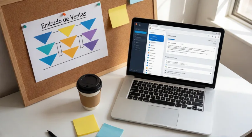 como aumentar mis ventas, Mesa de trabajo con embudo de ventas y panel de marketing digital