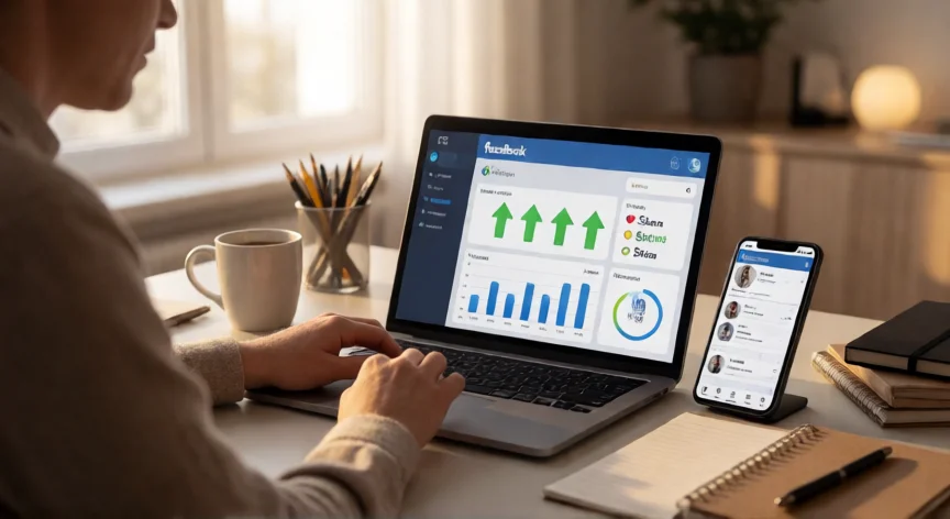 Empresaria analizando métricas de ventas en su página de Facebook desde su ordenador portátil