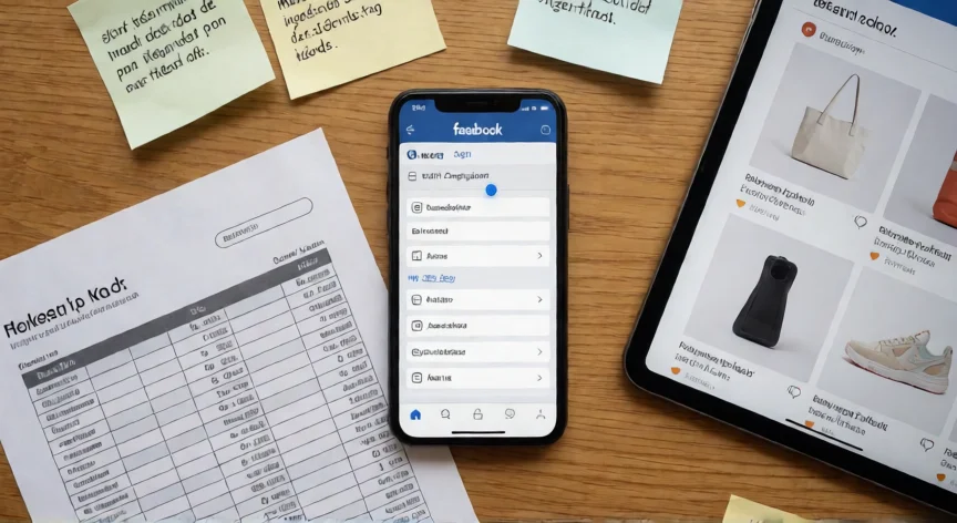 como aumentar mis ventas en facebook, Mesa de trabajo con móvil mostrando campaña de Facebook Ads y planificador de contenido para redes sociales