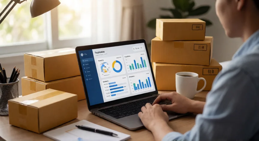 como aumentar mis ventas en marketplace, Vendedor gestionando su panel de marketplace con productos listos para enviar