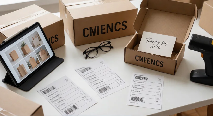 como aumentar mis ventas en marketplace, Estación de empaquetado organizada con tarjeta de agradecimiento y productos listos para envío