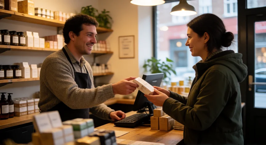 como aumentar mis ventas en mi negocio, Empresario entregando producto a cliente satisfecho en tienda física