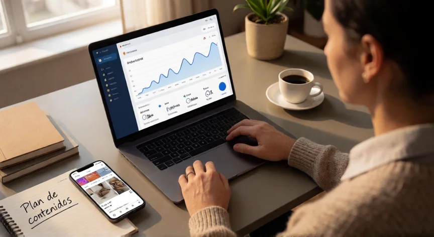 como aumentar mis ventas en redes sociales, Emprendedora analizando métricas de ventas en redes sociales desde su escritorio
