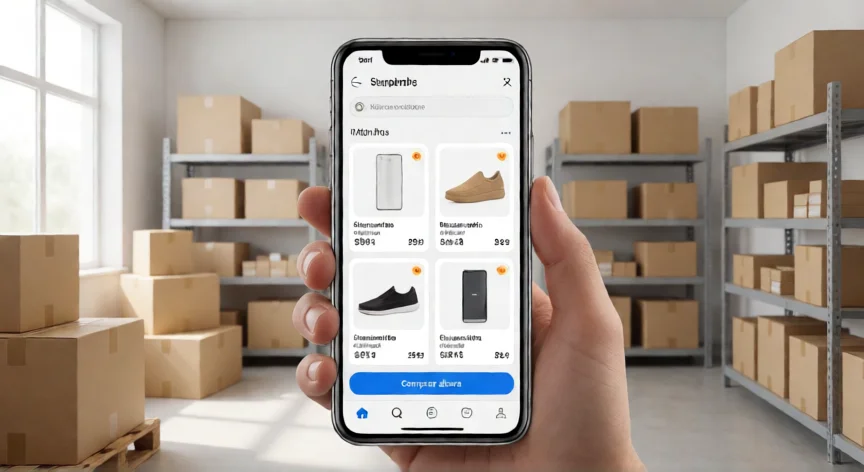 como aumentar mis ventas en redes sociales, Móvil mostrando la interfaz de social commerce con productos listos para comprar