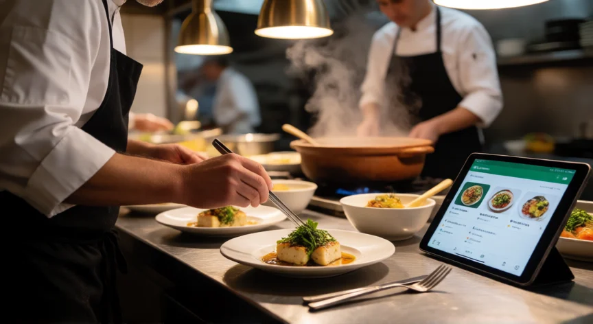 como aumentar mis ventas en uber eats, Cocina de restaurante preparando platos para pedido a domicilio en Uber Eats