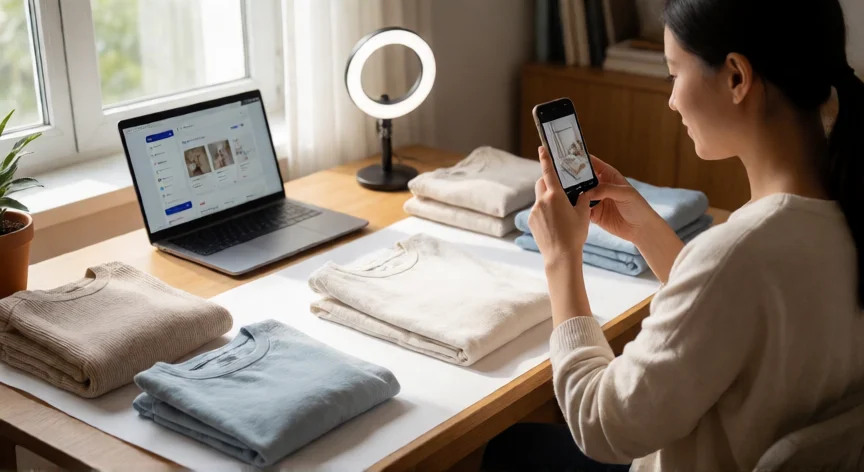 como aumentar mis ventas en vinted, Mujer fotografiando ropa doblada para publicar en Vinted con luz natural