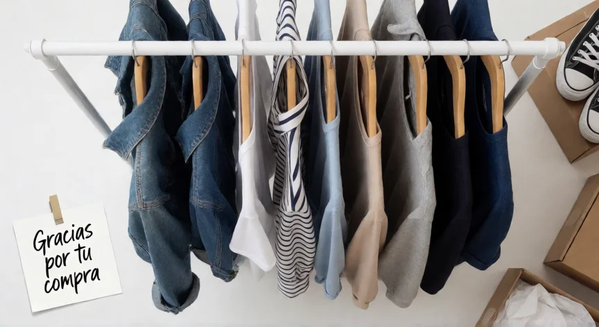 como aumentar mis ventas en vinted, Ropa de segunda mano organizada para venta online con nota de agradecimiento