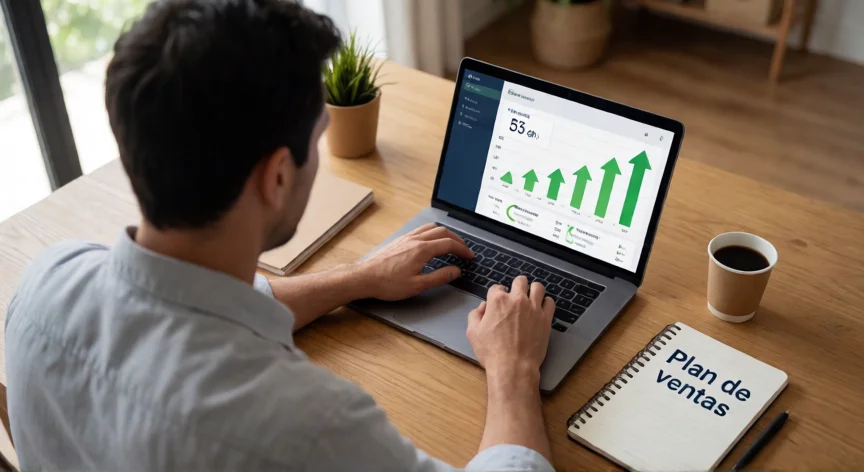 como aumentar mis ventas online, Emprendedor revisando sus métricas de ventas online en su portátil