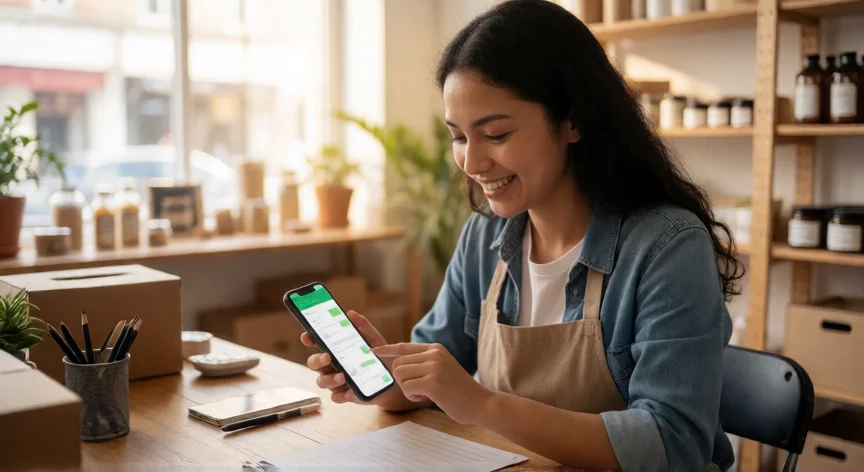 como aumentar mis ventas por whatsapp, Emprendedor atendiendo clientes por WhatsApp Business desde su tienda física