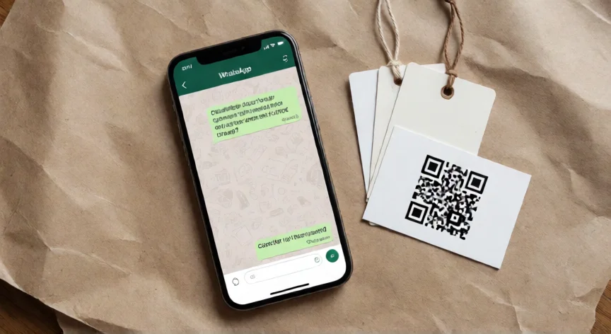 como aumentar mis ventas por whatsapp, Móvil con chat de WhatsApp junto a tarjeta con código QR y etiquetas de producto