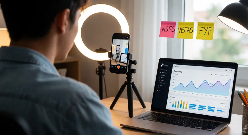 como aumentar mis vistas en tiktok, Creador de contenido grabando un vídeo en TikTok con analíticas abiertas en el ordenador