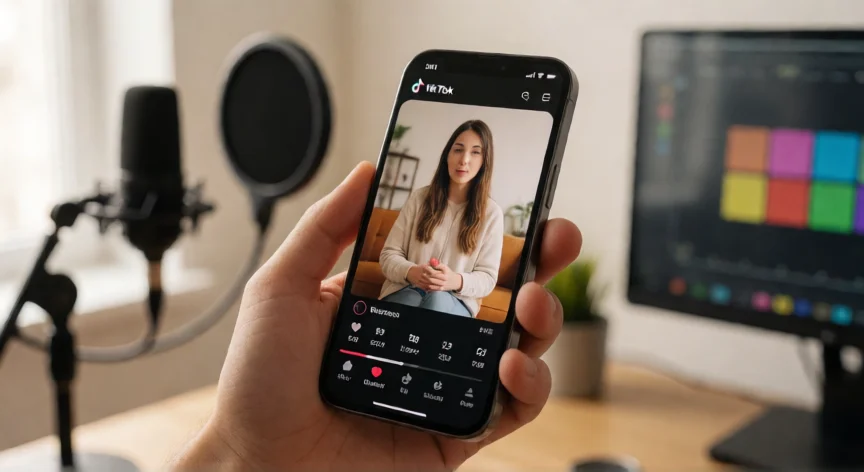 como aumentar mis vistas en tiktok, Móvil mostrando interfaz de TikTok con métricas de engagement en un espacio de trabajo creativo