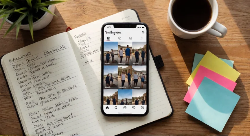 como aumentar mis visualizaciones en instagram, Calendario de contenido en papel junto a un móvil mostrando la página de explorar de Instagram