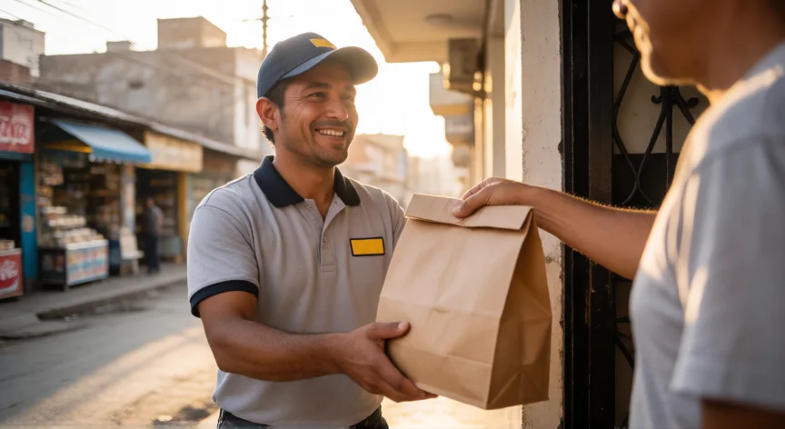 como aumentar mis yapeos diarios, Repartidor sonriente entregando pedido a un cliente en la calle