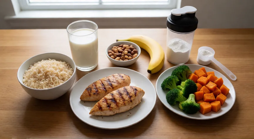como aumentar musculo, Comida balanceada con pollo, arroz integral, verduras y frutos secos para ganar músculo
