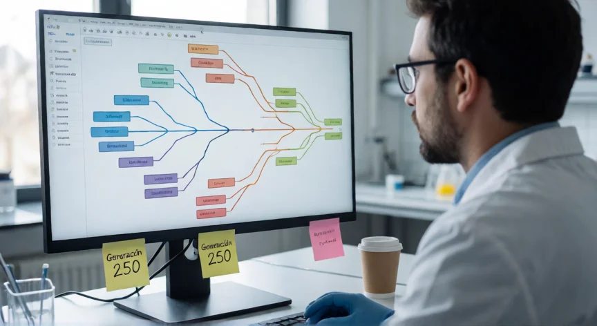 como aumentar neat, Investigador analizando el árbol evolutivo de redes neuronales en una pantalla de laboratorio