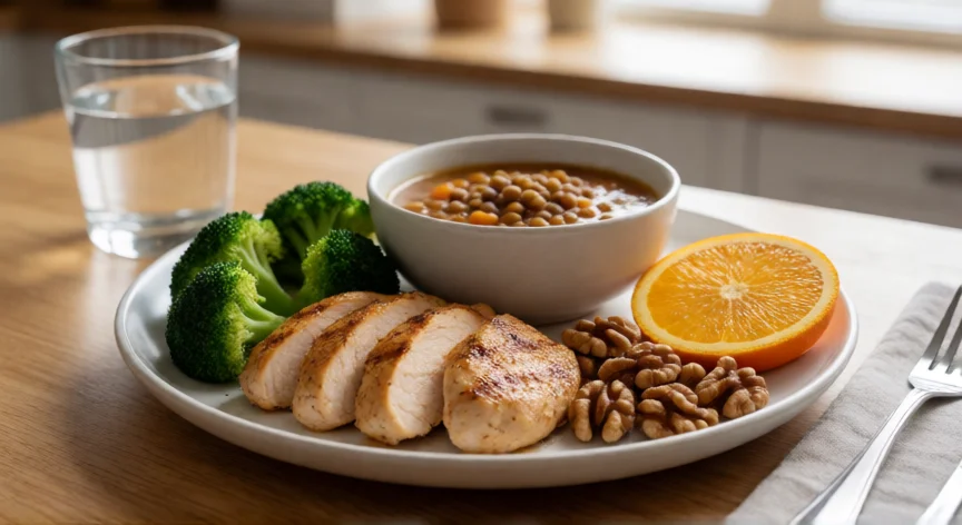 como aumentar neutrofilos, Plato saludable con pollo, brócoli, lentejas y naranja para apoyar la producción de neutrófilos