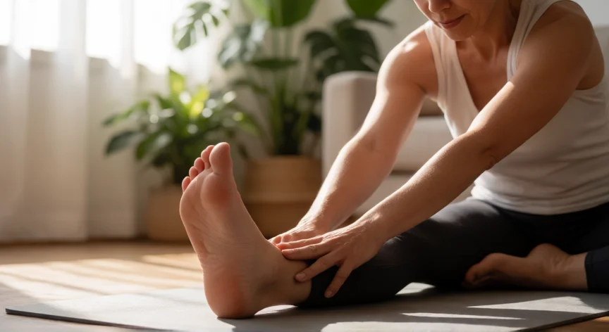 como aumentar neutrofilos, Persona practicando yoga suave en un salón luminoso para reducir el estrés y mejorar la inmunidad