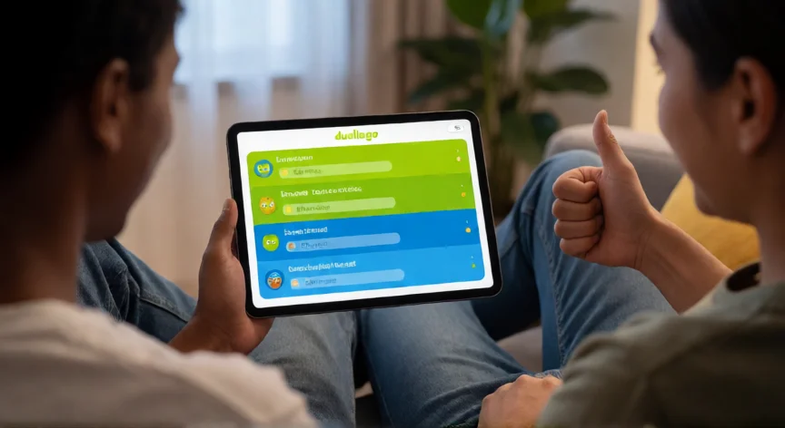 como aumentar nivel en duolingo, Dos amigos estudiando juntos con la tabla de ligas de Duolingo en una tableta
