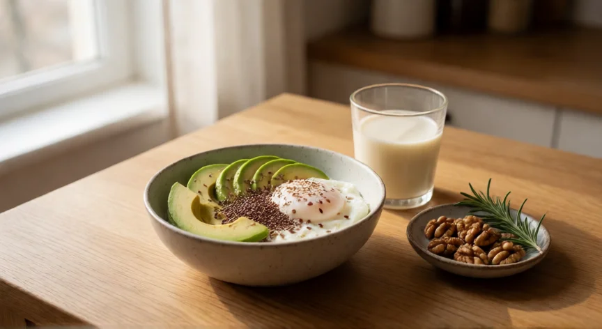 como aumentar niveles de estrogeno, Bowl de desayuno con aguacate, semillas de lino y leche de soja sobre mesa de madera