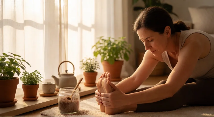 como aumentar niveles de estrogeno, Mujer practicando yoga en un salón luminoso con frascos de semillas de lino al fondo