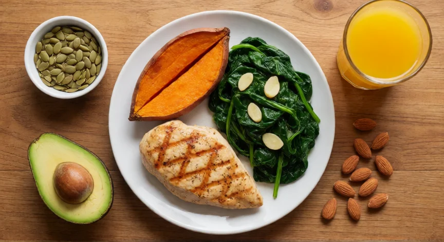 como aumentar niveles de progesterona, Plato saludable rico en vitamina B6, magnesio y zinc para apoyar la síntesis de progesterona