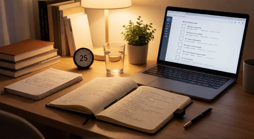 como aumentar nota 99, Mesa de estudio organizada con apuntes, laptop y lámpara encendida en ambiente nocturno
