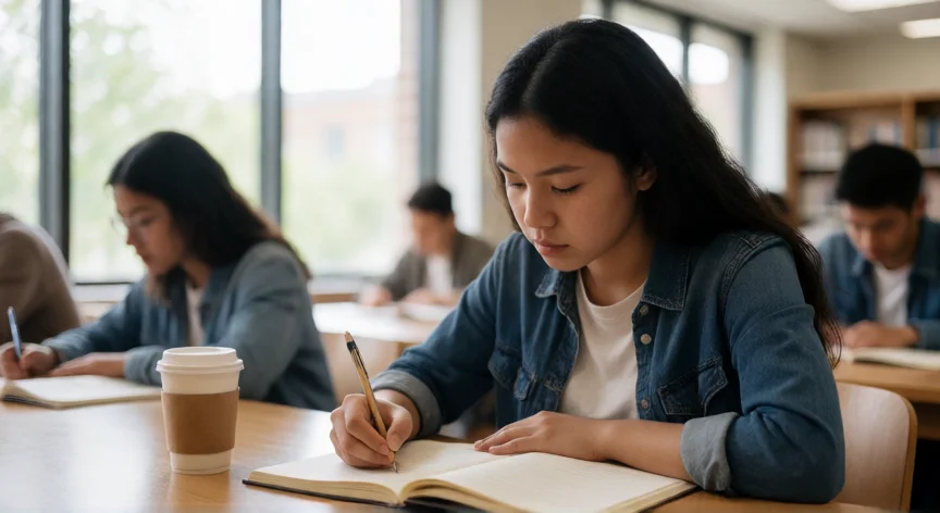 como aumentar nota 99, Estudiante concentrado tomando apuntes en una biblioteca con luz natural