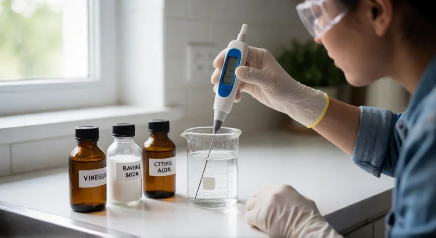 Persona midiendo el pH del agua con un pHmetro digital junto a productos correctores